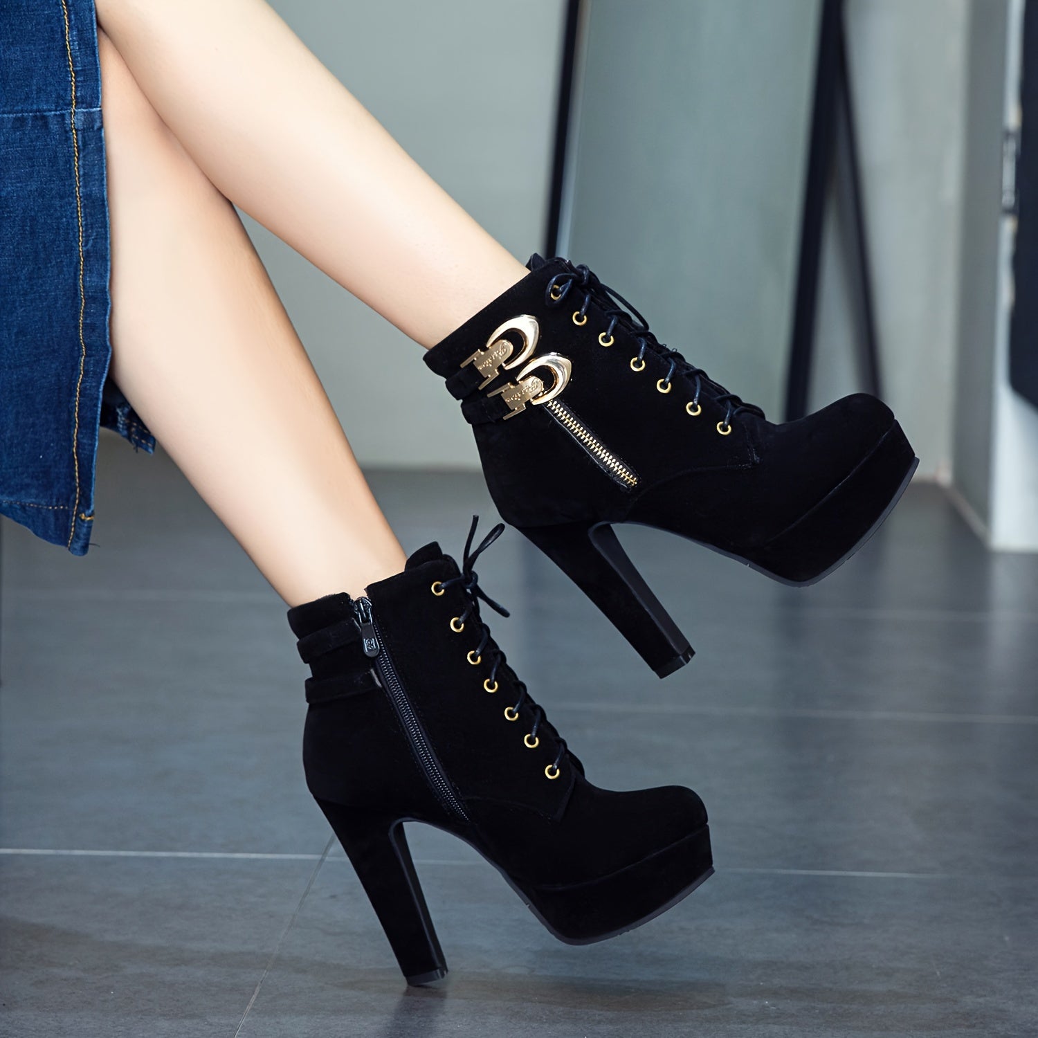 Women's Chunky Platform High Heel Ankle Boots with Lace-Up Front & Back, Golden-Tone Buttons, Zipper Closure, Round Toe - Machine Washable PU Cover Winter Casual Boots, Semiformal Footwear | Adjustable Buckle Heels, High Heel