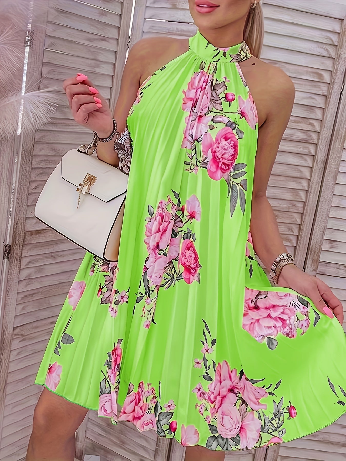 Spring-Summer Chic Choker Style Dress - Sleeveless, Floral Elegance, Women’s Perfect Sundress
