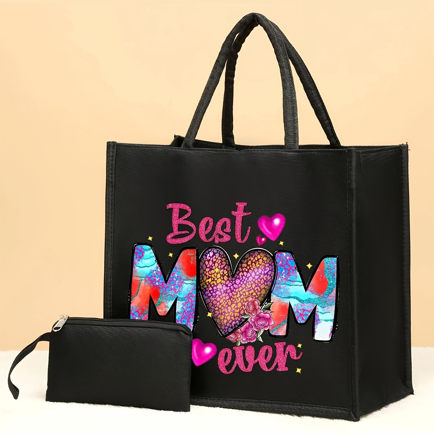 2pcs Elegant Polyester Tote Bags And Purse, "Best Mom Ever" Print Bag - Large Capacity, Fashionable Design - For Women - Perfect for Travel, Shopping & Everyday Use - Ideal Gift for Mother's Day