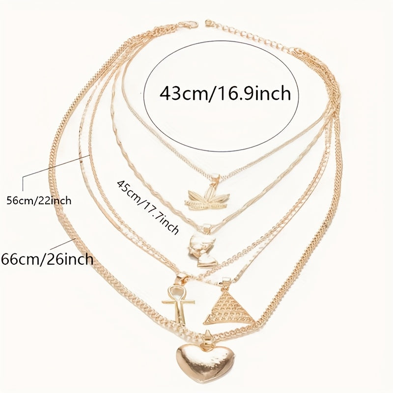 A Set Bohemian Style Multi-layered Necklace Collarbone Chain, Featuring Maple Leaves, Egyptian Pharaohs, Pyramids, And Heart-shaped Pendants - Suitable for Women's Daily Party Fashion Jewelry, Holiday Gifts