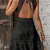 Stunning Ruffled Edge Lace Backless Halter Dress - Soft, Stretchy Polyester Blend Fabric, Machine Washable, Casual Chic for Spring, Summer, Fall - Leaves Pattern, Tie Back Design