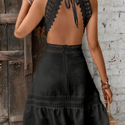 Stunning Ruffled Edge Lace Backless Halter Dress - Soft, Stretchy Polyester Blend Fabric, Machine Washable, Casual Chic for Spring, Summer, Fall - Leaves Pattern, Tie Back Design