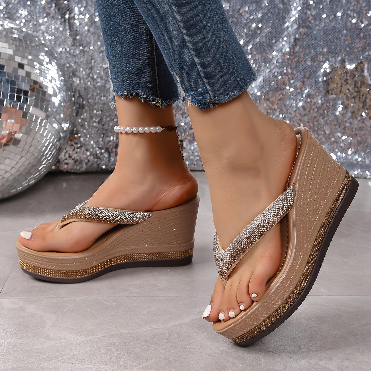 Women'S Fashion White Rhinestone Platform Sandals, Casual Split Toe Slip-on High Heel Slides, All-Season Polyurethane Upper & Insole, TPR Sole, Comfortable Fabric Lining
