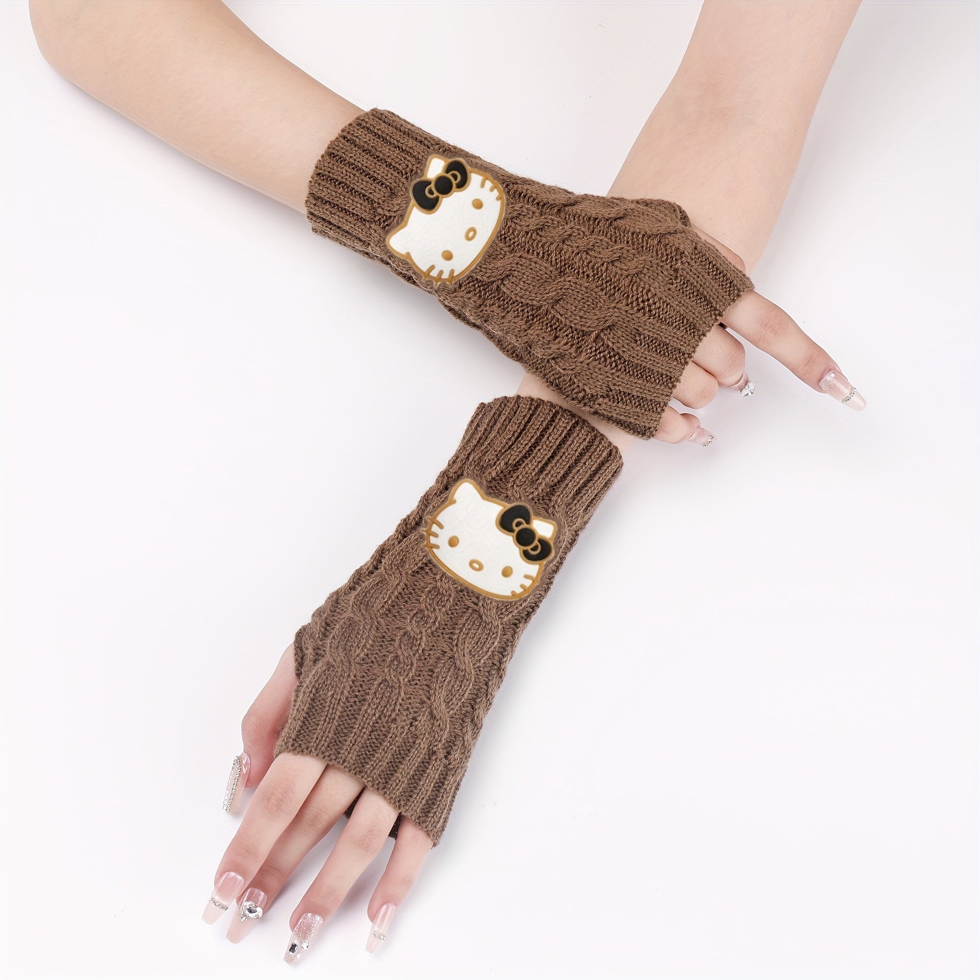 1pc of Sanrio Hello Kitty Cartoon Fashion Pvc Soft Rubber Big Head Decoration Autumn And Winter Leisure Knitting Open Finger Cuff Linen Pattern Short Gloves for Women to Work Cycling Interlocking Warm Wrist Gloves for Women C