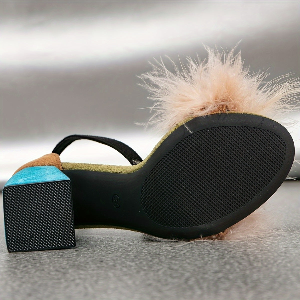 Women's Elegant Colorblock Sandals, Fluffy Faux Fur Ankle Strappy Buckle Shoes, Summer Dressy Chunky Heels