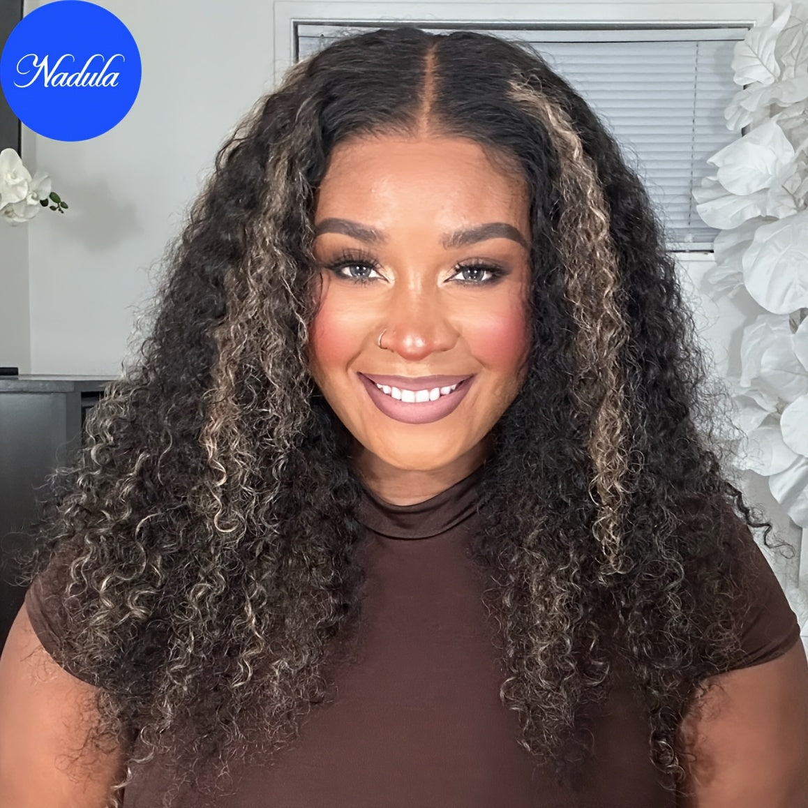 Nadula Glueless Lace Front Wig 7x5 Lace Invisible Knots Human Hair Black And Blonde Highlights 4C Curly Put On And Go Pre Cut Lace Closure Wig 200% Density with Babyhair