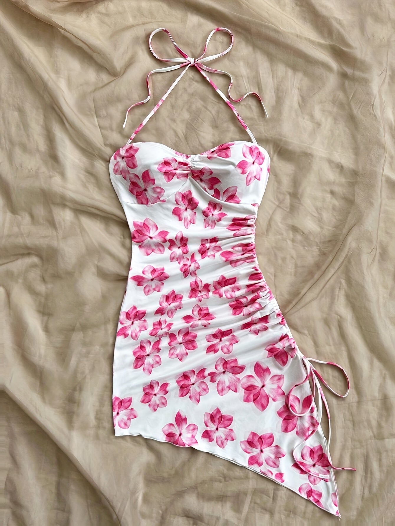 Chic Women's Floral Print Asymmetrical Hem Halter Dress - Sleeveless, Tie-Front Detail, Romantic Vacation Style, Perfect for Summer Layering