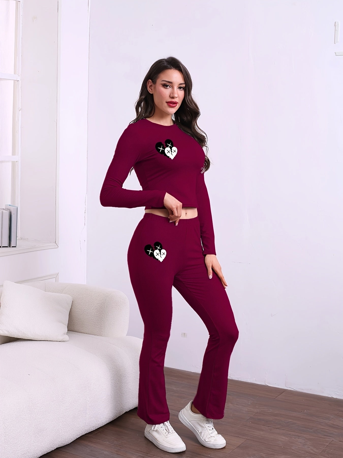 Autumn and Winter Fashionable Slim Fit Printed Long Pants and Long Sleeve Two-Piece Set