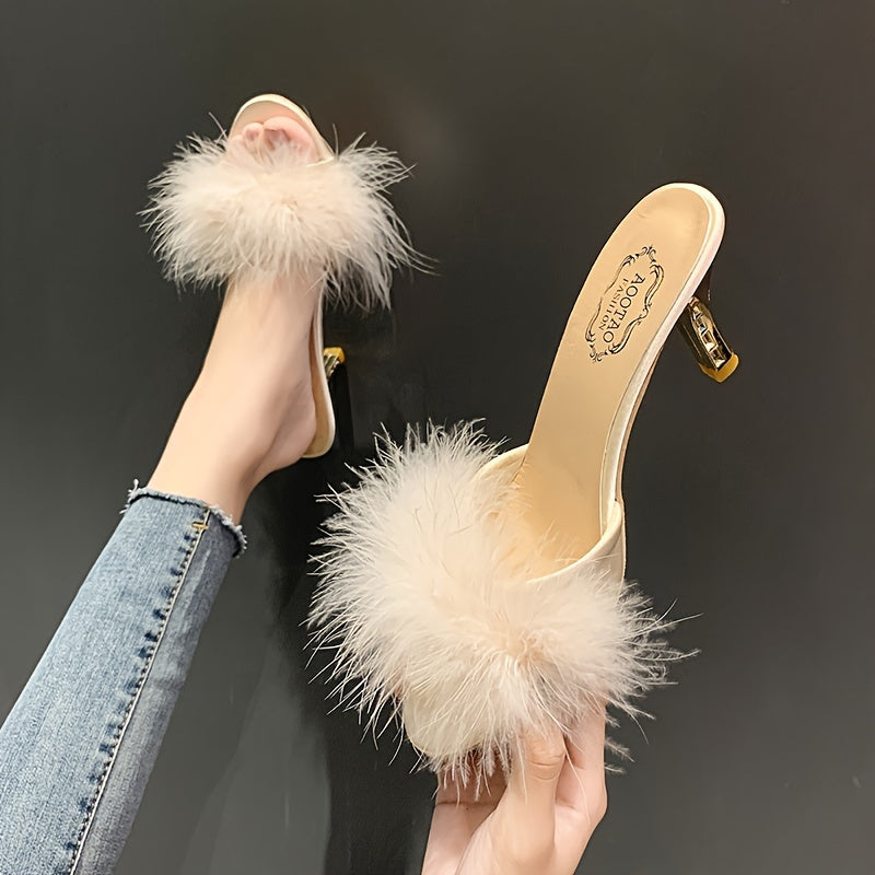Women's Fluffy Feather High Heels, Fashion Peep Toe Slip On Stiletto Sandals, Elegant Banquet Dress Shoes