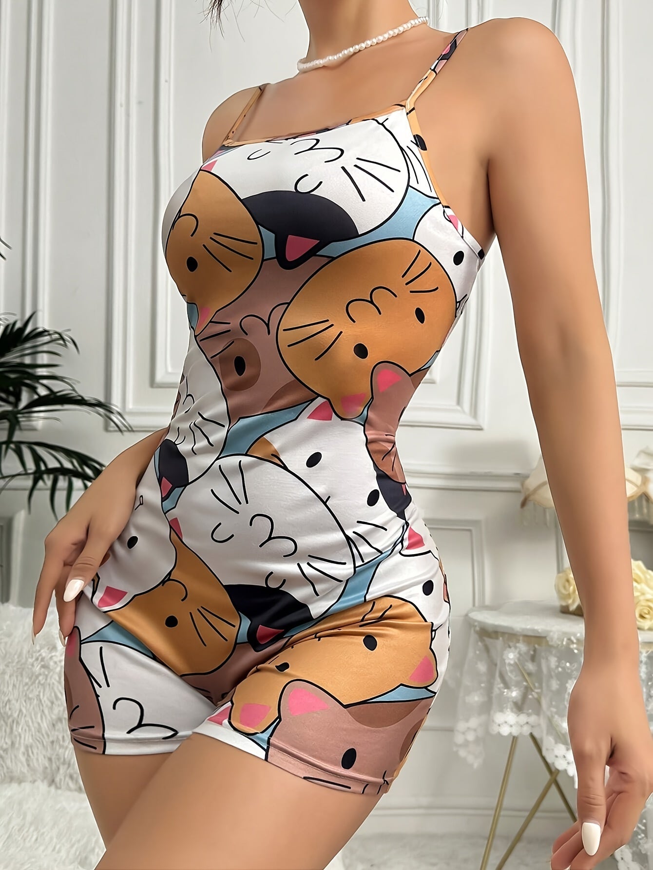 Women's Cute Cat Print Spaghetti Strap One-Piece Lounge Bodysuit, Casual Sleeveless Animal Pattern Cami Top Romper For Summer