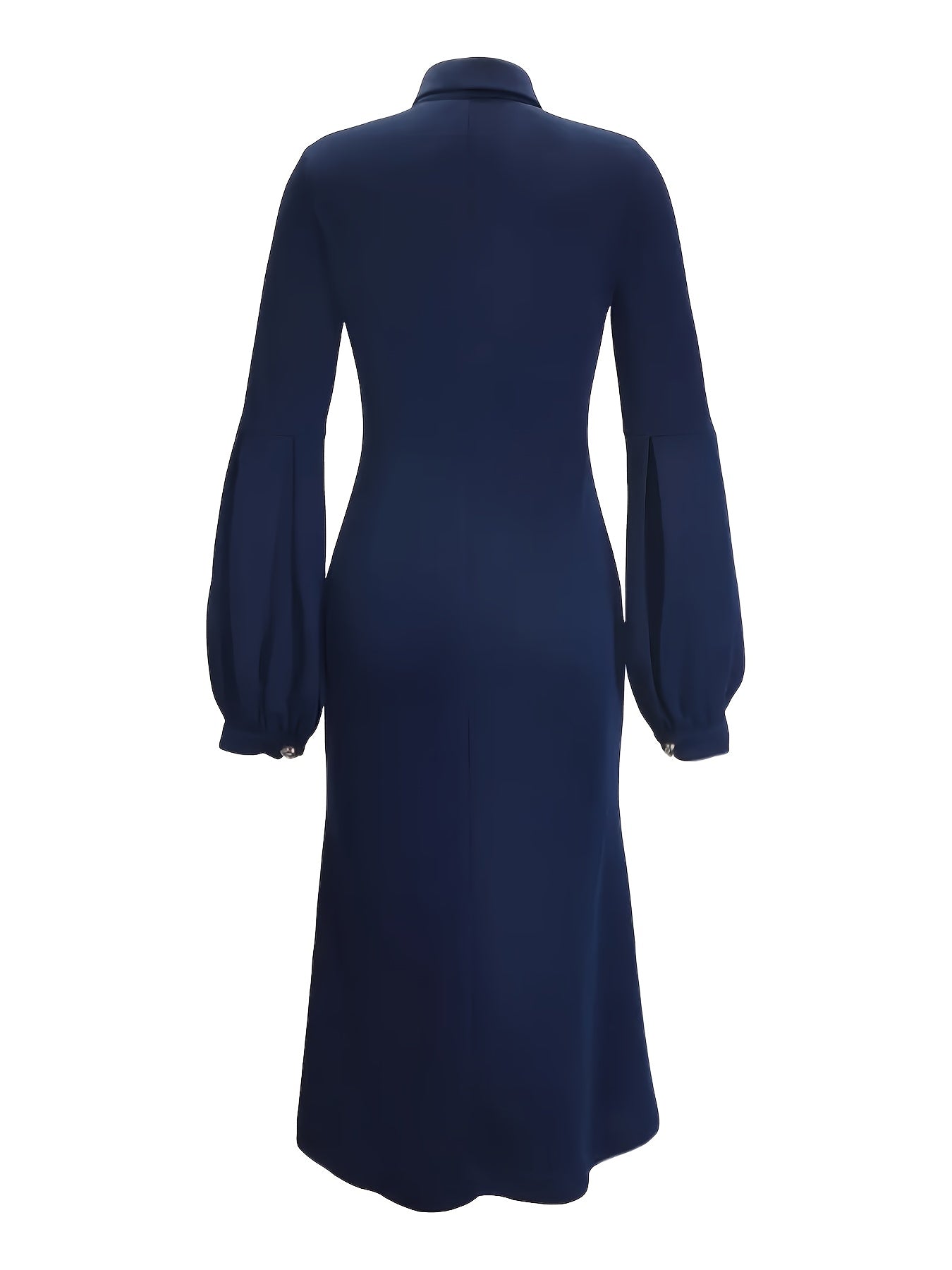 Elegant Women'S Long Sleeve V-Neck Dress - Stretchy Polyester Knit, Button Detail, Lantern Sleeves, Solid Navy Blue, Perfect for Spring/Fall Fashion, Casual Elegance | Lantern Sleeves | Button Detailing