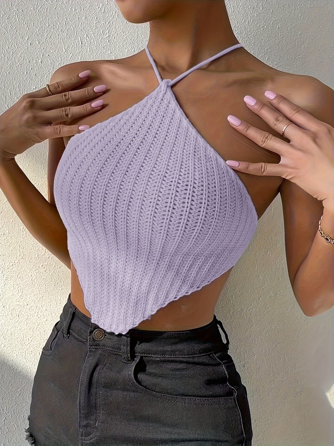 Solid Halter Neck Knit Top, Elegant Backless Hanky Hem Top For Spring & Summer - Women's Clothing - Soft & Breathable Knit Fabric - Perfect for Casual & Party Occasions - Ideal Gift for Women