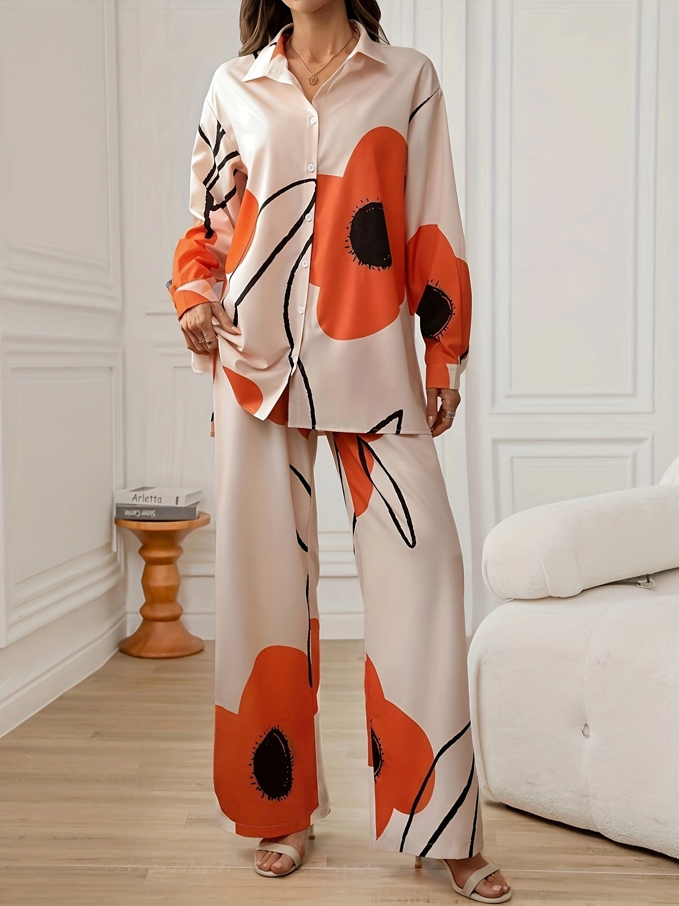 Women'S Floral Print Long Sleeve Shirt & Double Side Pocket Wide Leg Pants Set - Casual Elegant Style, Polyester, Spring/Summer Collection