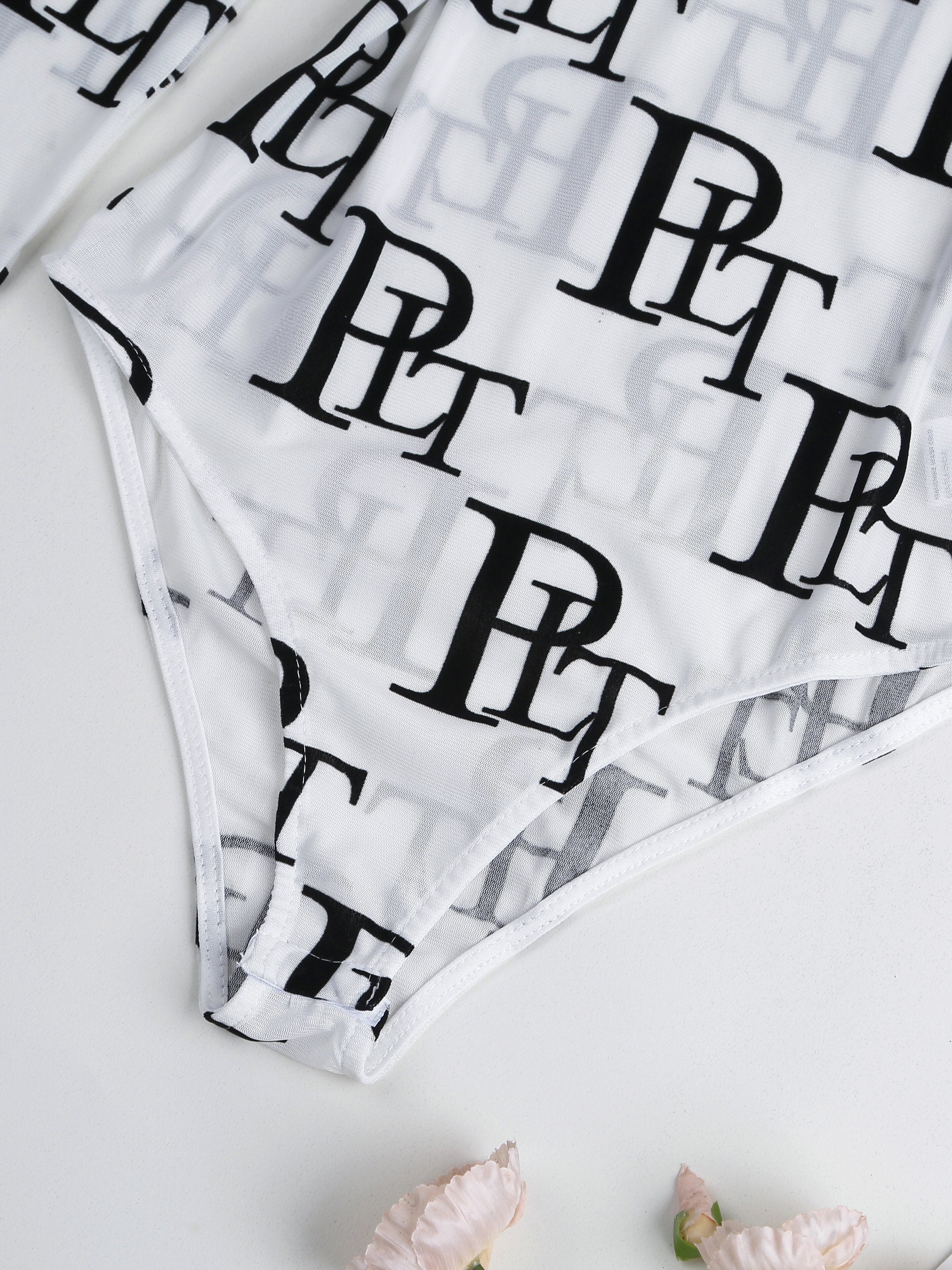 Letter Print Crew Neck Bodysuit, YOUNG Long Sleeve Mesh One Piece Bodysuit, Women's Clothing