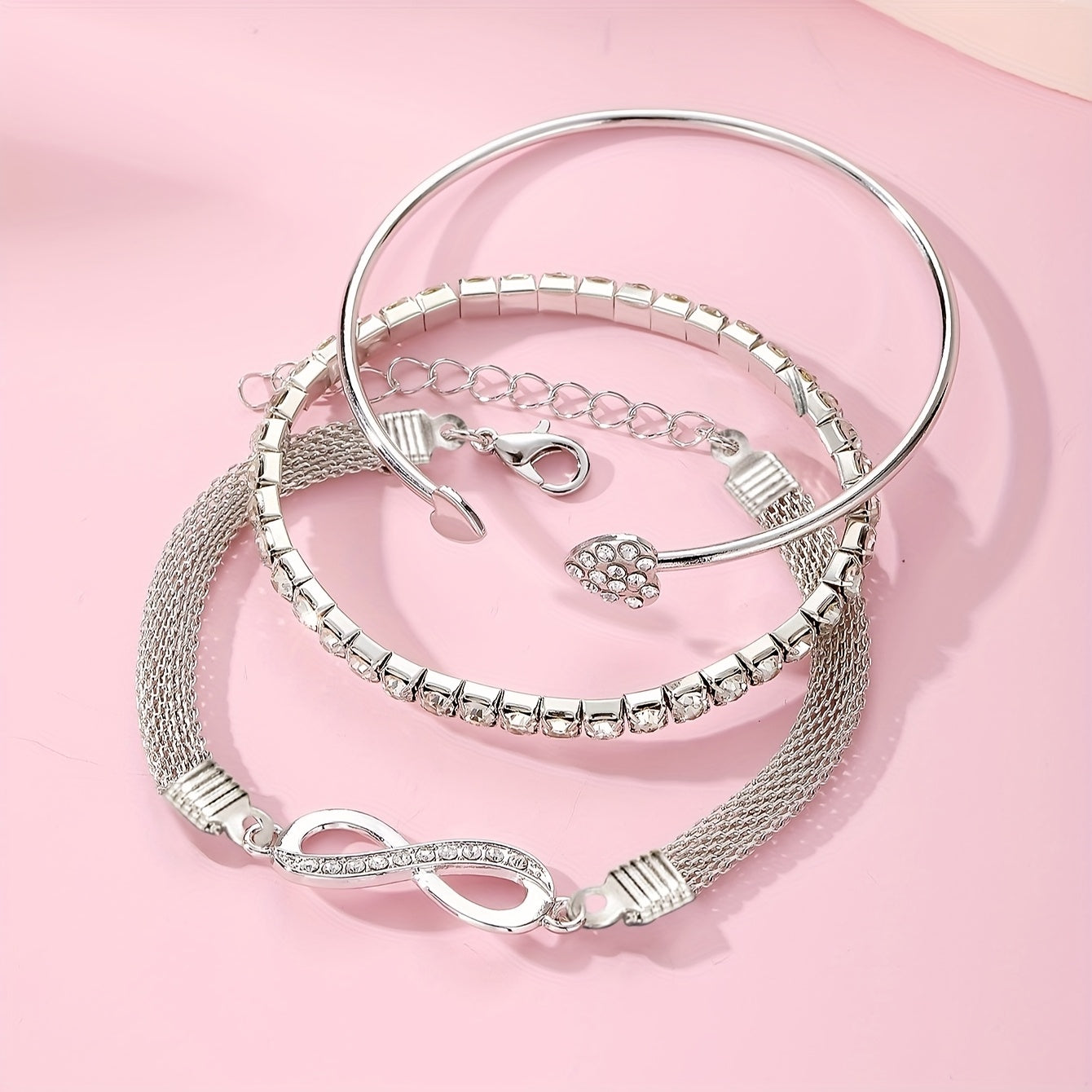 3pcs Vintage Elegant Rhinestone Bracelet Set, Adjustable Heart & Infinity Symbol Bangle, Women'S Alloy Open Cuff, Daily & Gift Occasion, All-Season Jewelry Collection