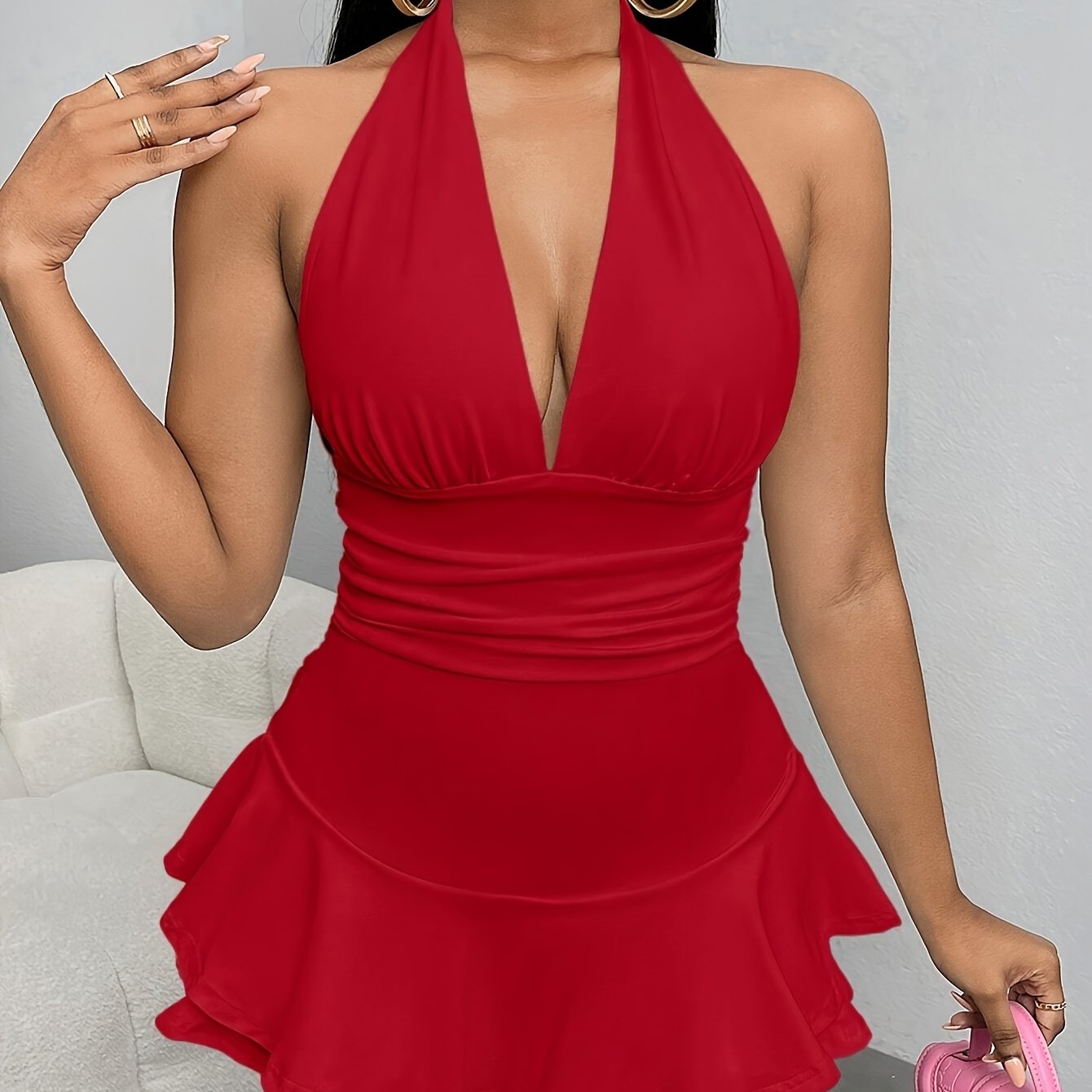 Sexy Open Back Ruffle Hem Romper - Solid Color Halter Neck Jumpsuit For Spring & Summer - Women's Clothing