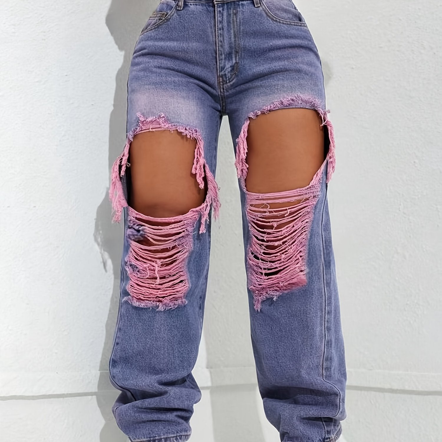 Women's Ripped Jeans - Wide Leg Casual Flared Pants, Butterfly Design, Stretch Fabric, Comfortable Fit, Suitable for All Seasons