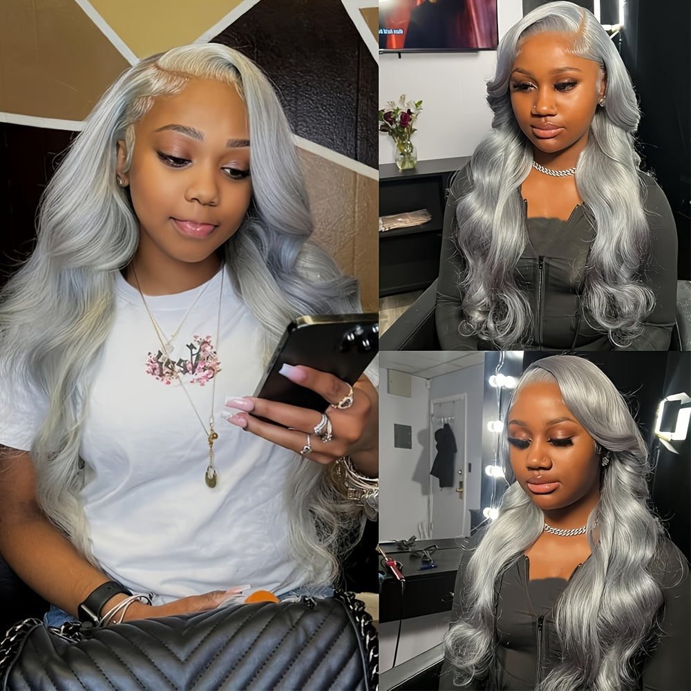 Grey Body Wave Lace Front Wigs Human Haire Pr Plucked Grey Human Hair 13x4 Front Wigs Glueless Silvery Lace Front Wigs for Women 200% Density for Daily Wear Party Women Pre Plucked with Baby Hair Bleached Knots Glueless Wig