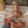 Stylish Women's Cut-Out Sandals - Soft Platform, Chunky Heel, Ankle Buckle Strap, Metallic Accent, Comfortable Walking Shoes for Casual Occasions