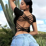 Solid Cross Back Crew Neck T-Shirt, Casual Short Sleeve T-Shirt For Spring & Summer, Women's Clothing