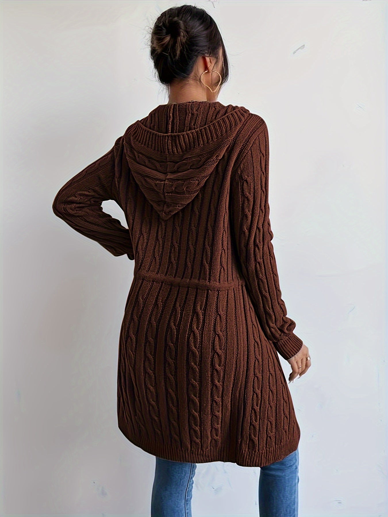 Cozy Chic Drawstring Waist Hooded Cardigan - Soft, Casual, Open Front, Long Sleeve, Relaxed Fit, Women's Clothing for Everyday Wear