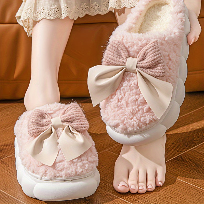1 Pair Women's Winter Warm Plush Slippers, Casual Solid Color Bowknot Indoor House Shoes, Thick Sole Non-Slip Warm Footwear, Essential Autumn/Winter Home Slides with Superfine Fiber Insole and TPU Sole