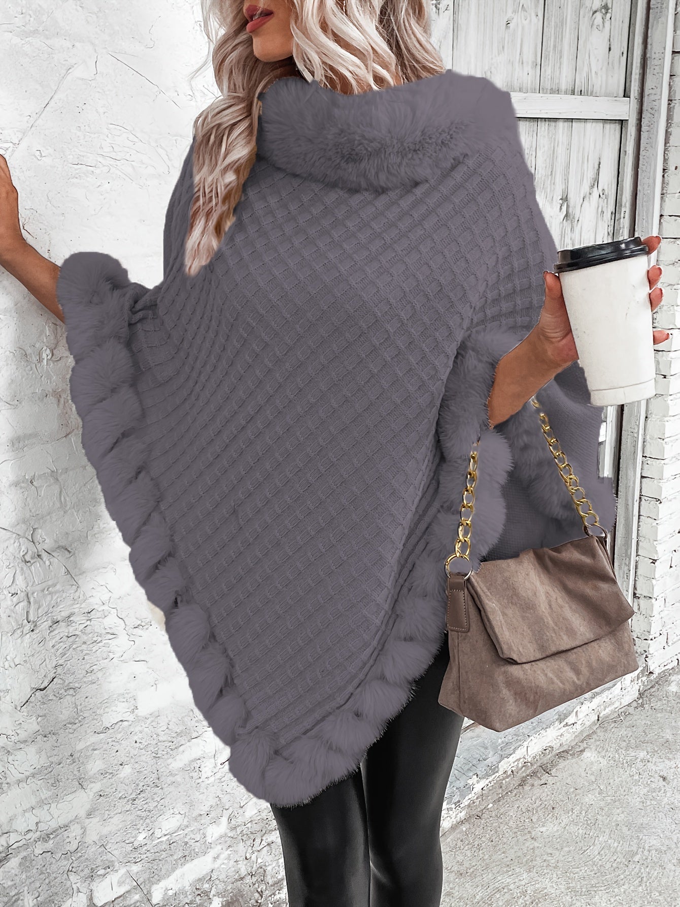 Winter Chic Fur-Trim Turtleneck Sweater - Cozy Long Sleeve, Hanky Hem Design - Perfect for Cold Weather
