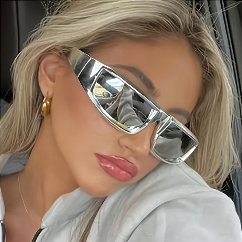 A Pair Of Polygonal Wrap Shape Y2K Future Wind Technology Sense Silvery Coated Mirror Fashion Glasses, Glasses Cloth, Glasses Case, Glasses Storage Case