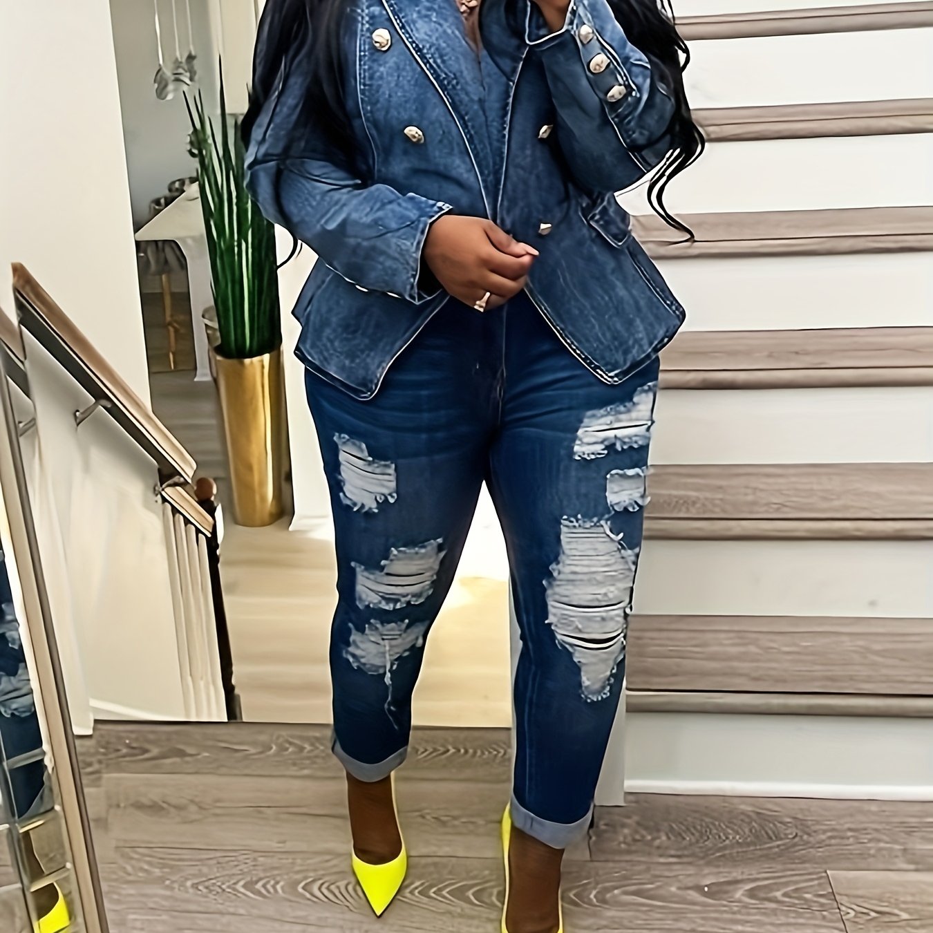 Blazers For Women Business Casual Denim Long Sleeves Lapel Double Breasted Jacket