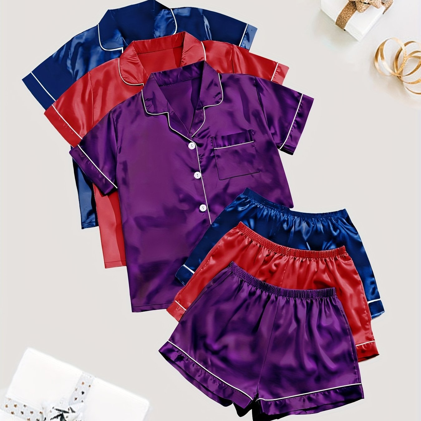 3 Sets Solid Satin Pajama Set, Casual Short Sleeve Buttons Lapel Top & Elastic Shorts, Women's Sleepwear