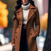 Elegant Solid Color Double-Breasted Overcoat for Women - Polyester, Machine Washable, Non-Stretch Fabric - Perfect for Fall/Winter