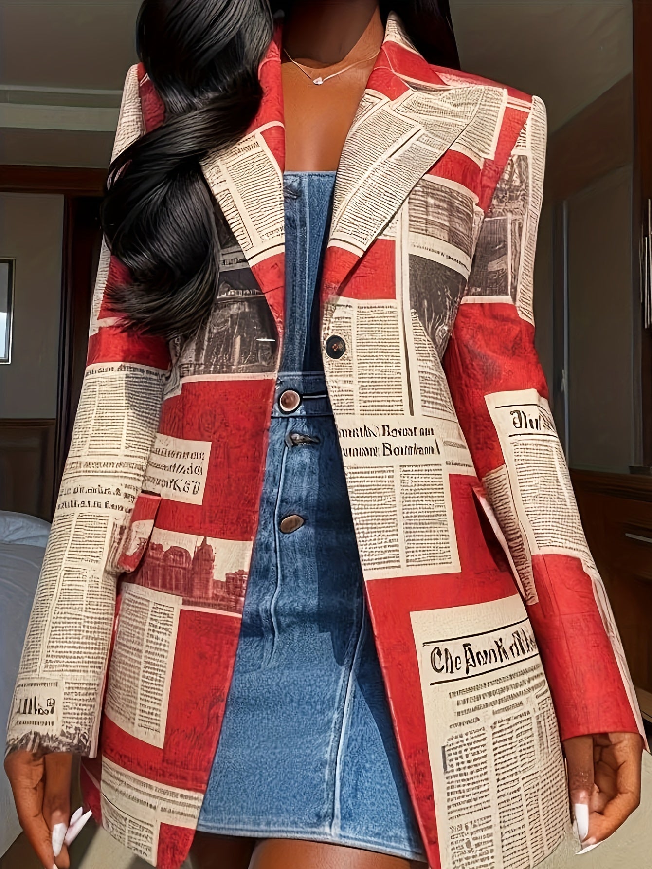 Elegant Vintage-Inspired Mid-Length Blazer with Newspaper Print, Long Sleeves, and Button Front - Chic Urban Style for Women