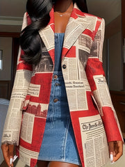 Elegant Vintage-Inspired Mid-Length Blazer with Newspaper Print, Long Sleeves, and Button Front - Chic Urban Style for Women