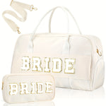2pcs Wedding Weekender Bag Bride Groom Duffle Bag Chenille Letter Patch Travel Bag for Bridal Shower Honeymoon Gift(Bride)