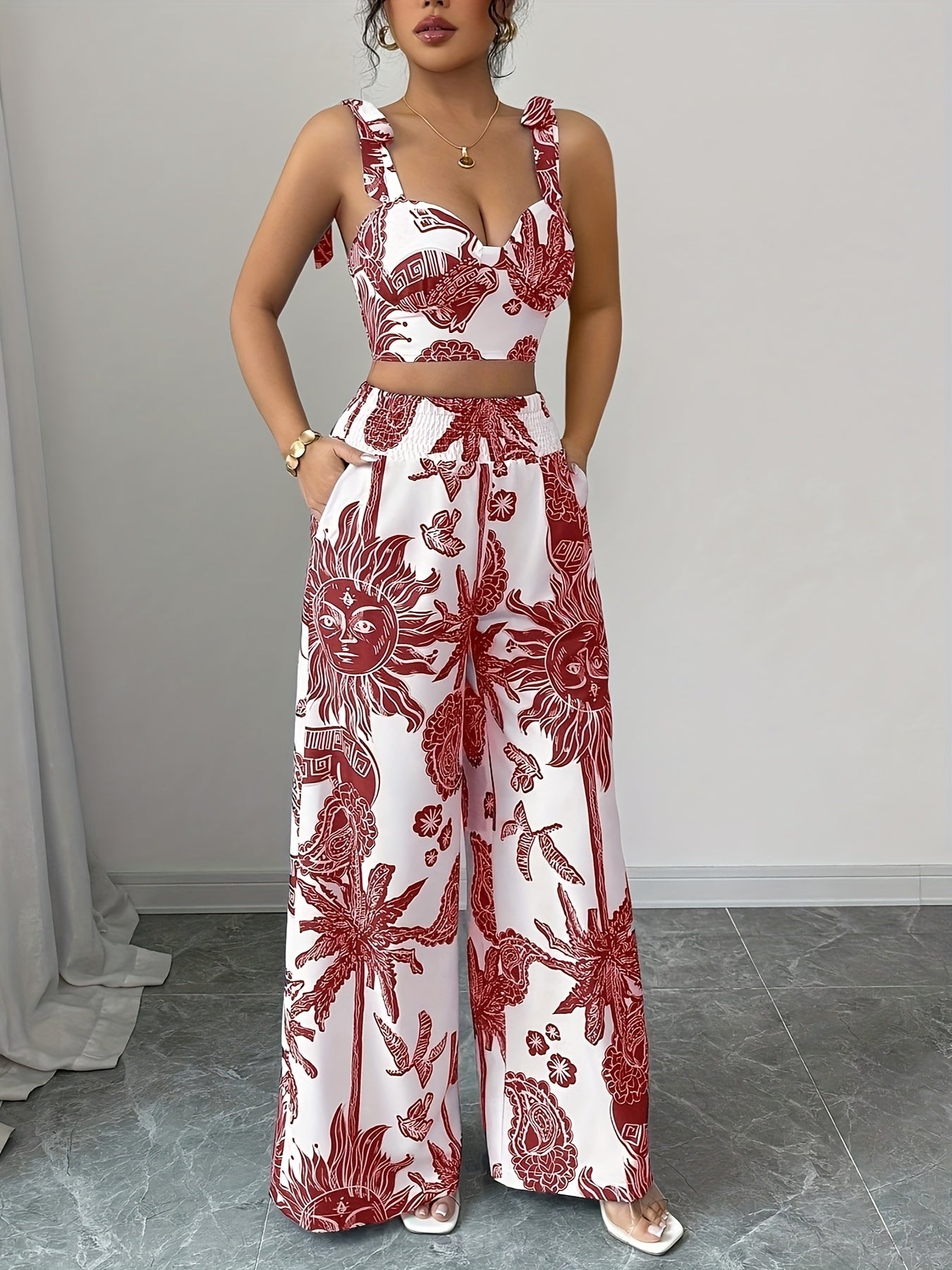 2pcs Bohemian Style Blue and White Floral Print Crop Top with Strapless Detail and Wide-Leg Pants, Perfect for Vacation or Casual Attire, Polyester, Spring/Summer Collection