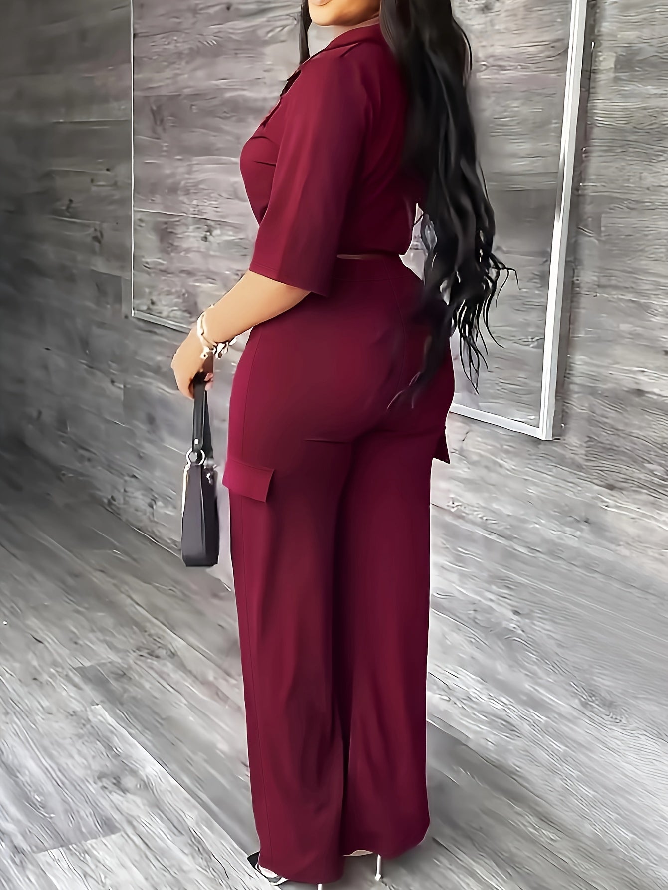 [Elegant Women's Outfit] Elegant Women's Outfit - High-Waisted Straight-Leg Pants with Drawstring Hem - Allseason Outfit, Glossy Fabric, European And American Style