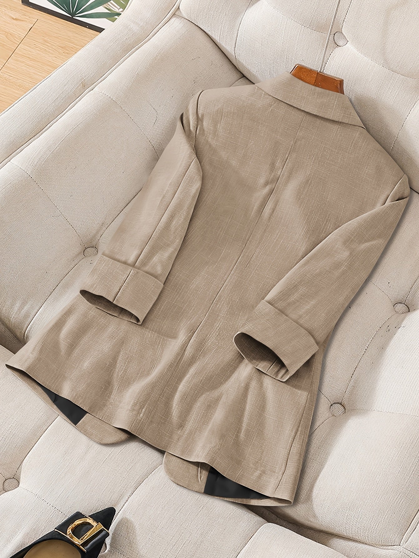 Women's Light Beige Casual Blazer Jacket - Solid Color Single-Breasted Button Front, Notch Lapel & Chest Pocket, Machine Washable H-Silhouette for Autumn Office & Casual Attire, Subtle Stripe Texture