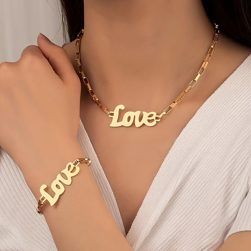 2pcs Necklace Plus Bracelet Fashion Jewelry Set Trendy Love Design Match Daily Outfits Perfect Dating Gift For Your Love