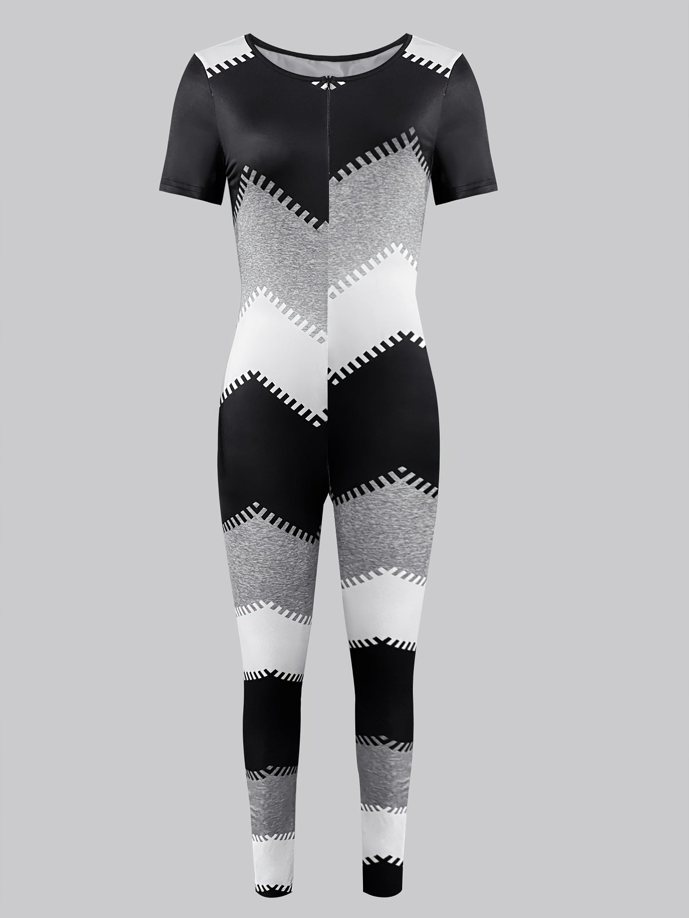 Women'S V-Neck Zipper Jumpsuit - Chic Black, White & Gray Overalls with Leopard Print Detail, Casual All-Season Style