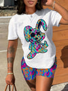 Rabbit Print Casual Shorts Set, Crew Neck Short Sleeve Top & Shorts Outfits For Spring & Summer, Women's Clothing