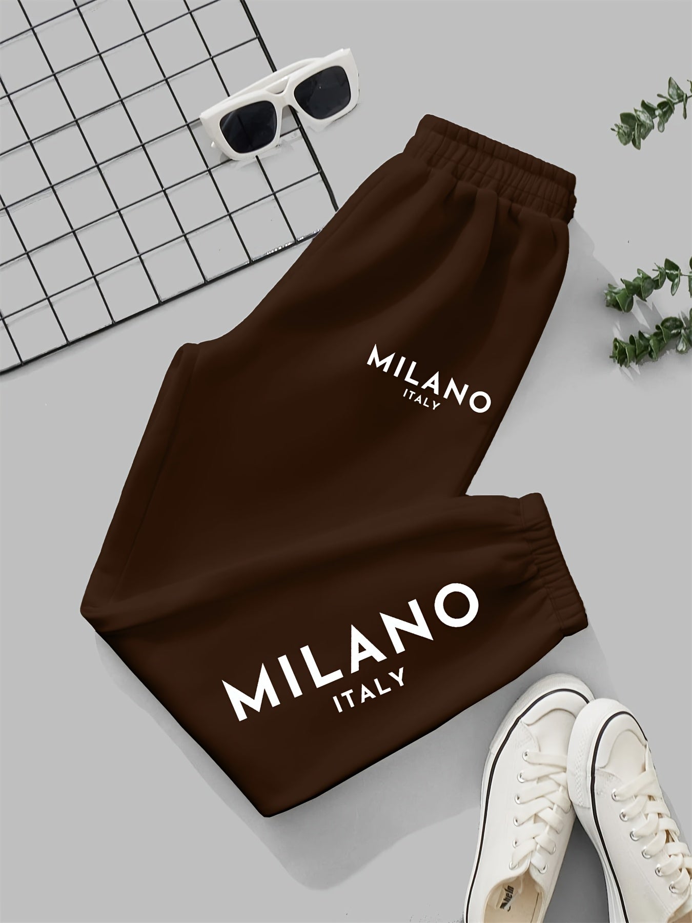 Milano Italy Printed Women'S Jogger Pants, Casual Knit Polyester 100% Fabric, 190g/m², All-Season, with Pockets, Fashionable Long Jogging Trousers for Adult