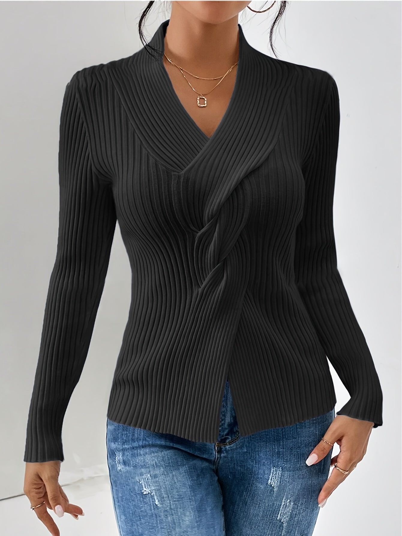 Twist Front V Neck Slim Sweater, Elegant Long Sleeve Sweater For Fall & Winter, Women's Clothing