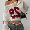 Women'S Elegant Off-Shoulder Crop Top with "PS" Design - White & Red Knit Sweater, Summer Acrylic Top with V-Neck & Long Sleeves, Casual Fashion, Casual Summer Top|Vneck Sweater|Knit Texture