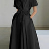 Elegant Women's Short Sleeve Shirt Dress - Solid Color, Polyester, Buttoned, Woven, Spring/Summer Collection, Adult, A-Line