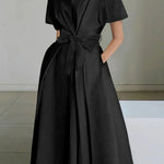 Elegant Women's Short Sleeve Shirt Dress - Solid Color, Polyester, Buttoned, Woven, Spring/Summer Collection, Adult, A-Line