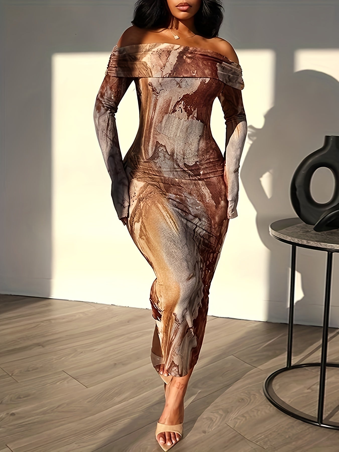 Tie Dye Off Shoulder Dress - Elegant Long Sleeve Bodycon Dress For Party & Club - Polyester - For Women - Suitable for Weddings, Engagements, Parties - Perfect Gift for Her
