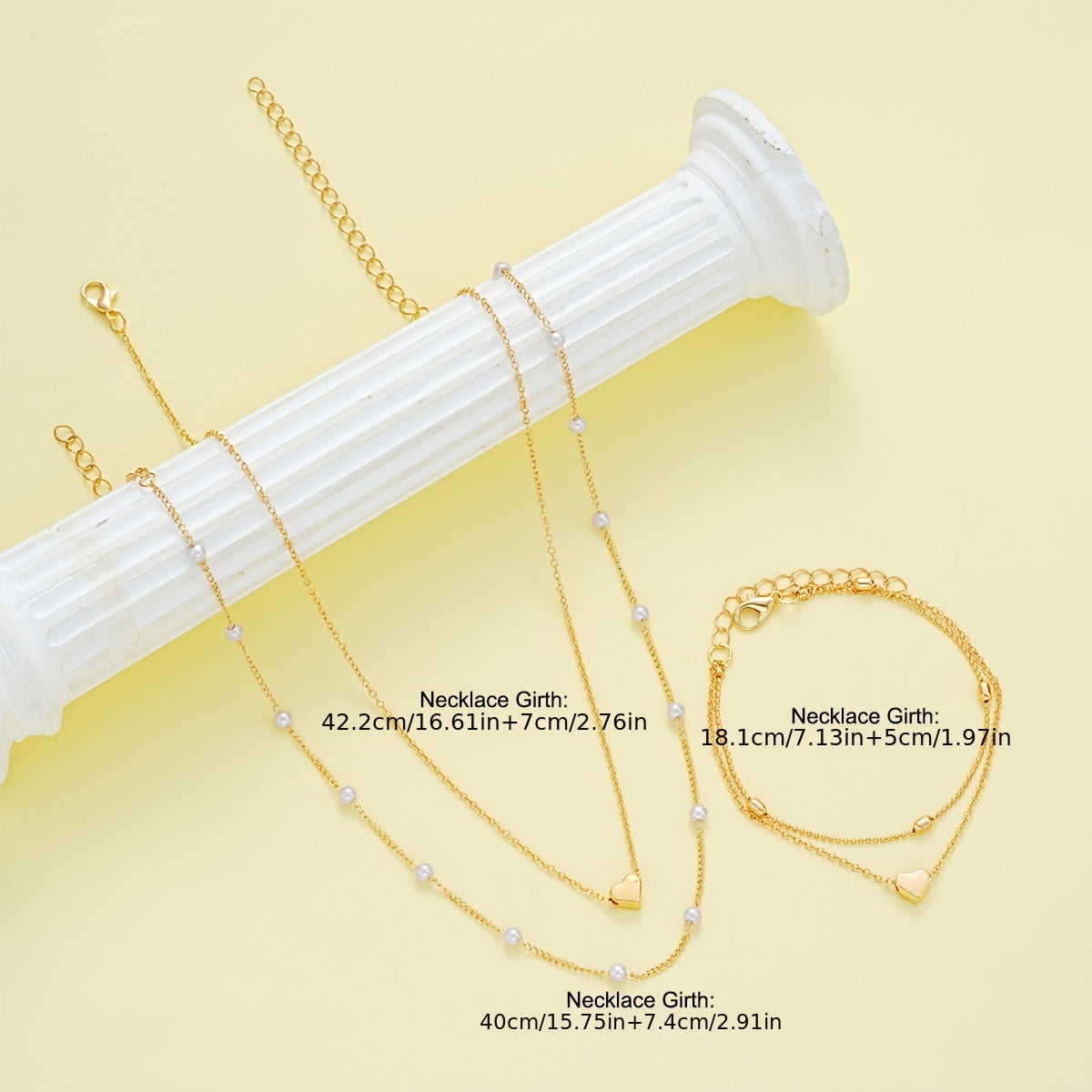 3pcs Simple Heart Imitation Pearl Necklace Bracelet Jewelry Set, Suitable for Women'S Dating, Holiday Gifts, Daily Matching