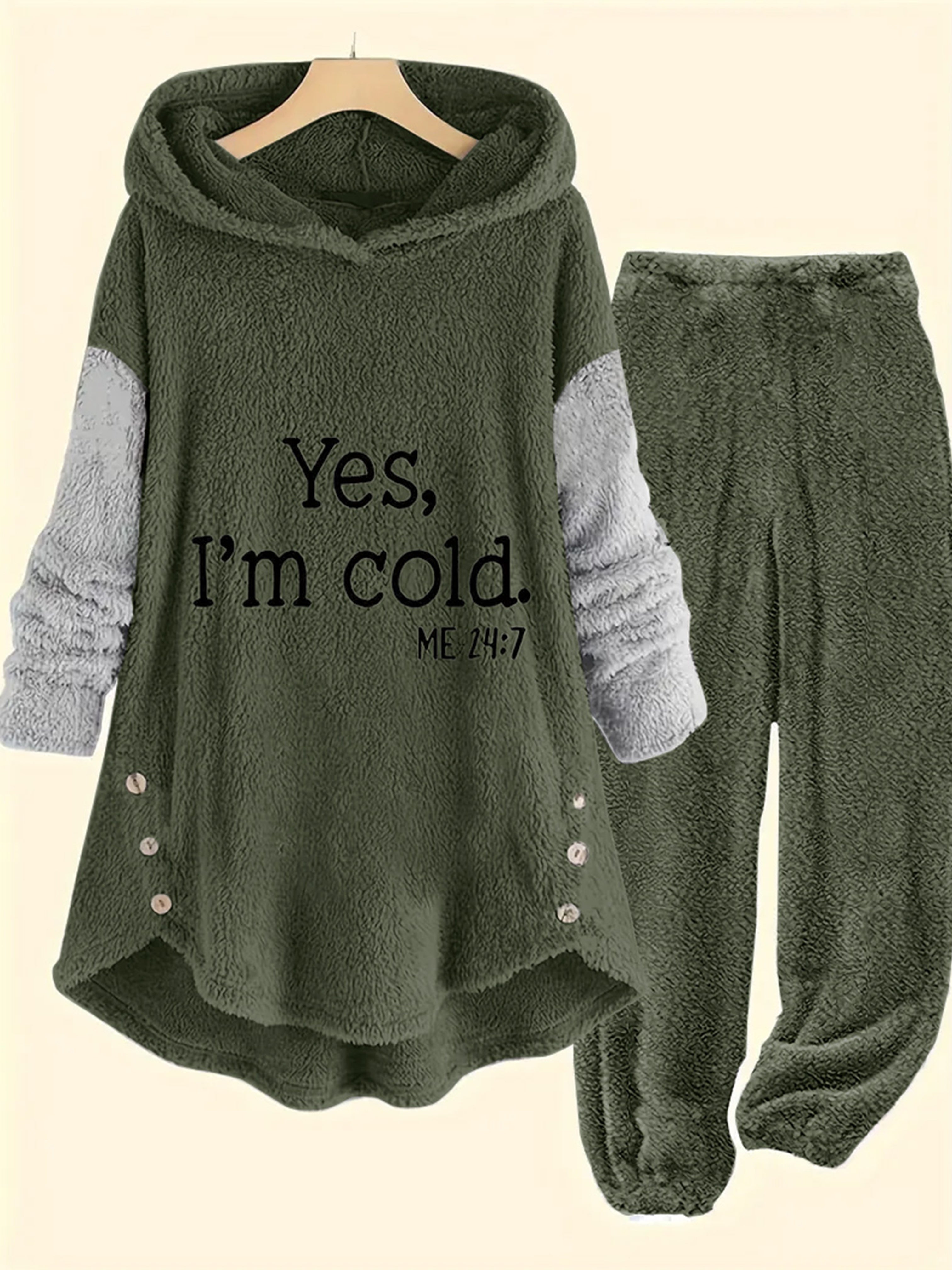 Cozy Women's Gray Fleece Hoodie & Jogger Set - "YES, I'M COLD" Print, Long Sleeves with Button Detail, Casual Polyester Outfit for Fall & Winter, Machine Washable, Jogging Pants