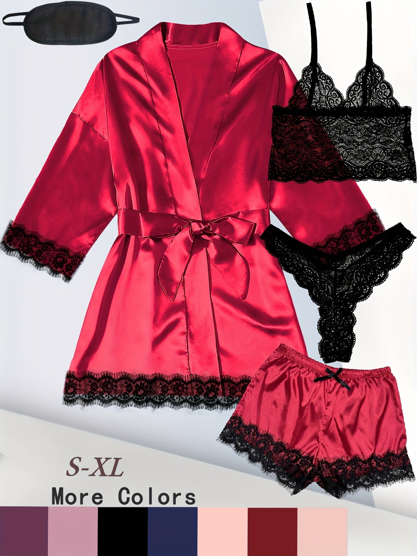 Women's Plus Sexy Lounge Set - Plus Size Satin Contrast Eyelash Lace Belted Nightgown & Camisole & Panty & Shorts With Free Eye Mask - For Women - Perfect for Lounging & Sleepwear - Ideal Gift for Her
