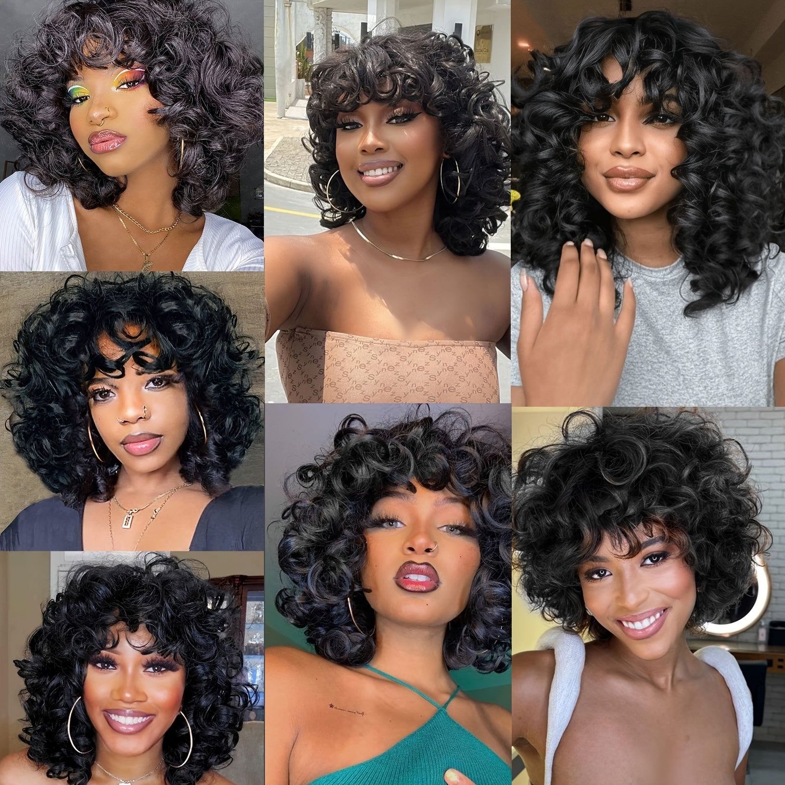 10 Inch Brazilian Virgin Human Hair Wig with Bangs - Glueless Loose Curly 200% Density Rose Net Cap Black Natural Wave Wig for, Daily Wear & Special Occasions, Highdensity Hairpiece